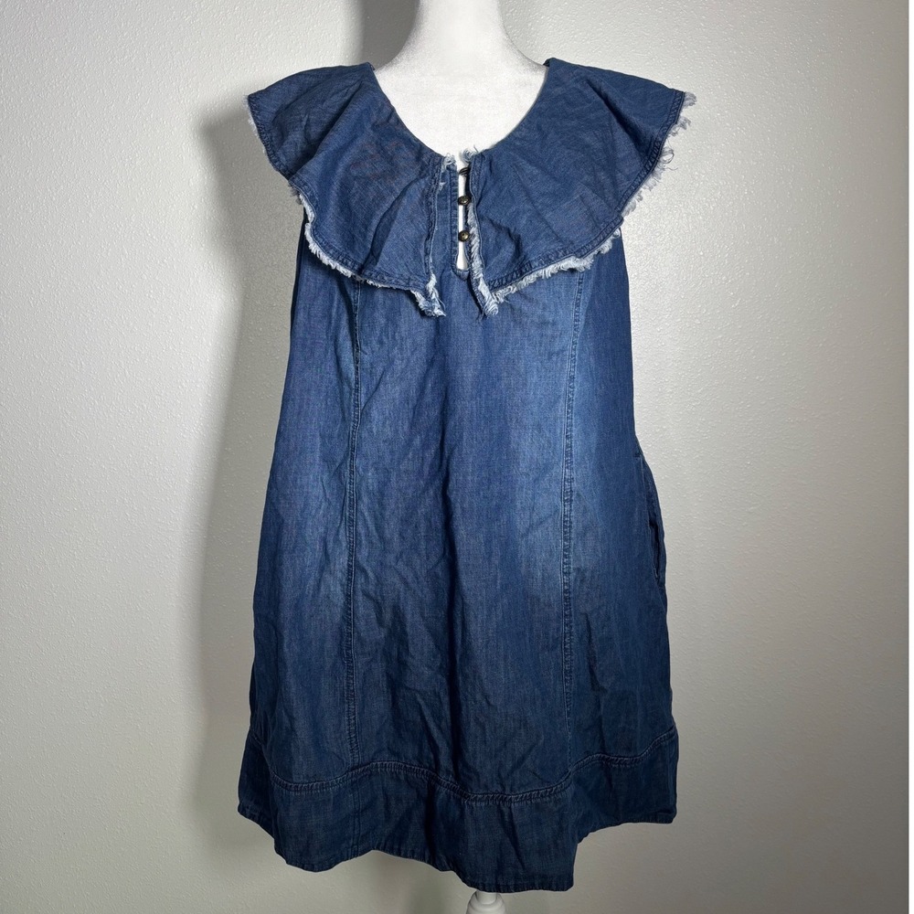 Women Blue Denim Chambray Ruffle Collar Shift Dress Sz S Pocket Cottagecore Boho